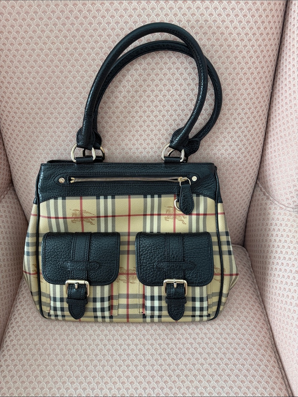 Burberry Beige Check Shoulder Bag with Black Leather Trim